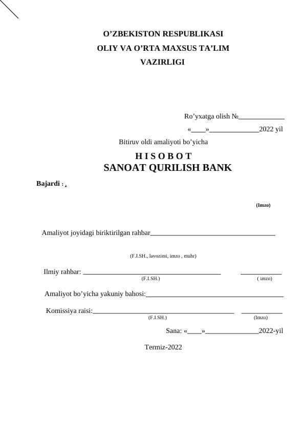 Sanoat qurilish bank amaliyot hisoboti 1
