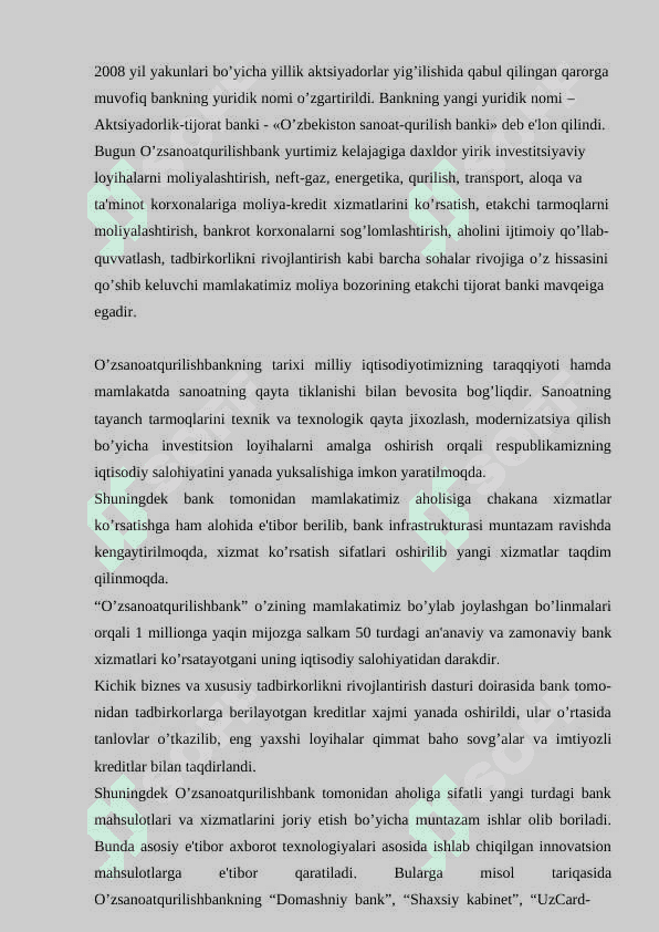 Sanoat qurilish bank amaliyot hisoboti 8