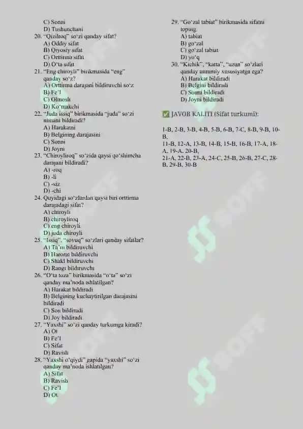 SIFAT TURKUMI (30 ta test) 2