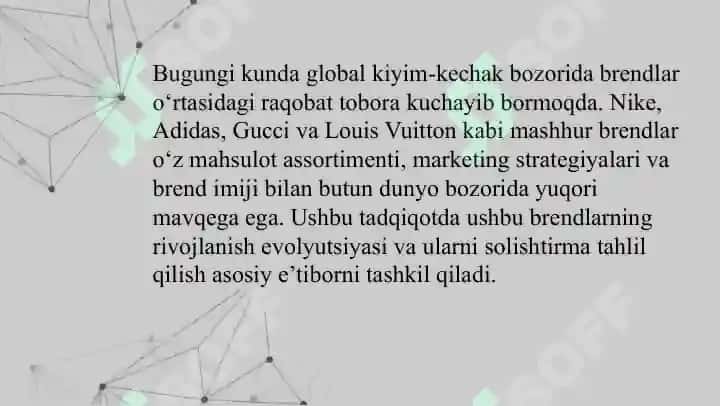 Nike, Adidas, Gucci va Louis Vuitton  mashhur brendlarning rivojlanish evolutsiyasi va solishtirma tahlili  “Mashhur brendlar: Nike, Adidas, Gucci, Louis Vuitton tahlili”  “Nike, Adidas, Gucci va Louis Vuitton rivojlanishi”  “Brendlar evolyutsiyasi: Nike, Adidas, Gucci, Louis Vuitton”  “Nike & Adidas vs Gucci & Louis Vuitton: Solishtirma tahlil” 2
