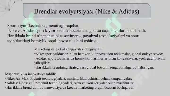 Nike, Adidas, Gucci va Louis Vuitton  mashhur brendlarning rivojlanish evolutsiyasi va solishtirma tahlili  “Mashhur brendlar: Nike, Adidas, Gucci, Louis Vuitton tahlili”  “Nike, Adidas, Gucci va Louis Vuitton rivojlanishi”  “Brendlar evolyutsiyasi: Nike, Adidas, Gucci, Louis Vuitton”  “Nike & Adidas vs Gucci & Louis Vuitton: Solishtirma tahlil” 8