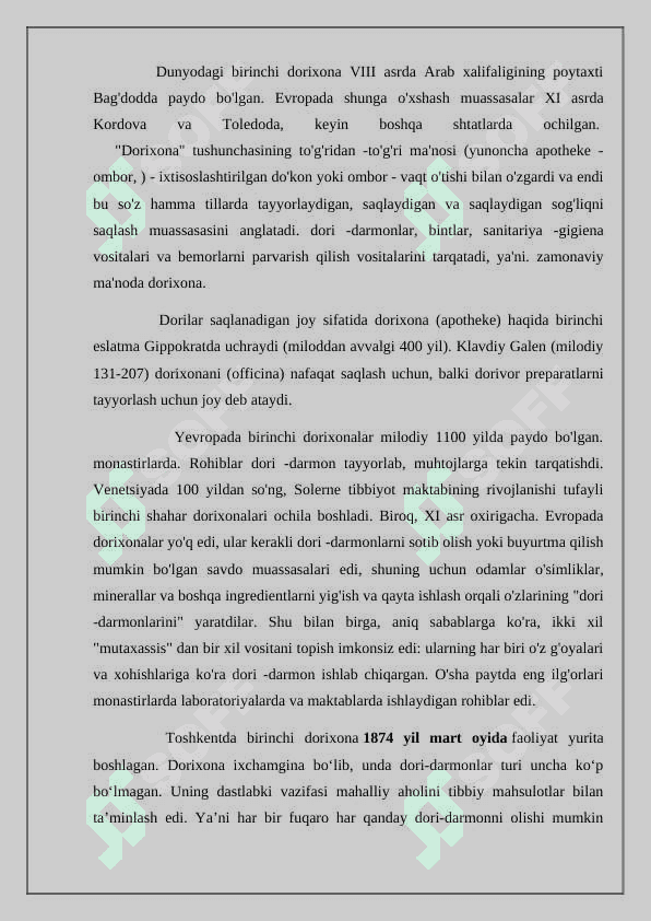 Insoniyat tarixidagi dorixonalar kasalxonalar va tibbiyot maktablarining ochilishi 2