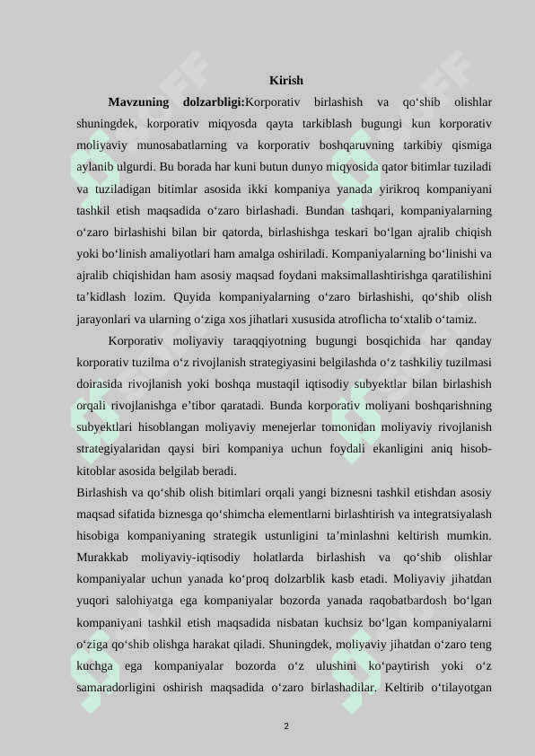 BOZOR IQTISODIYOTI SHAROITIDA KORPORATIV BIRLASHISHLAR VA QO'SHIB OLISHLAR 2