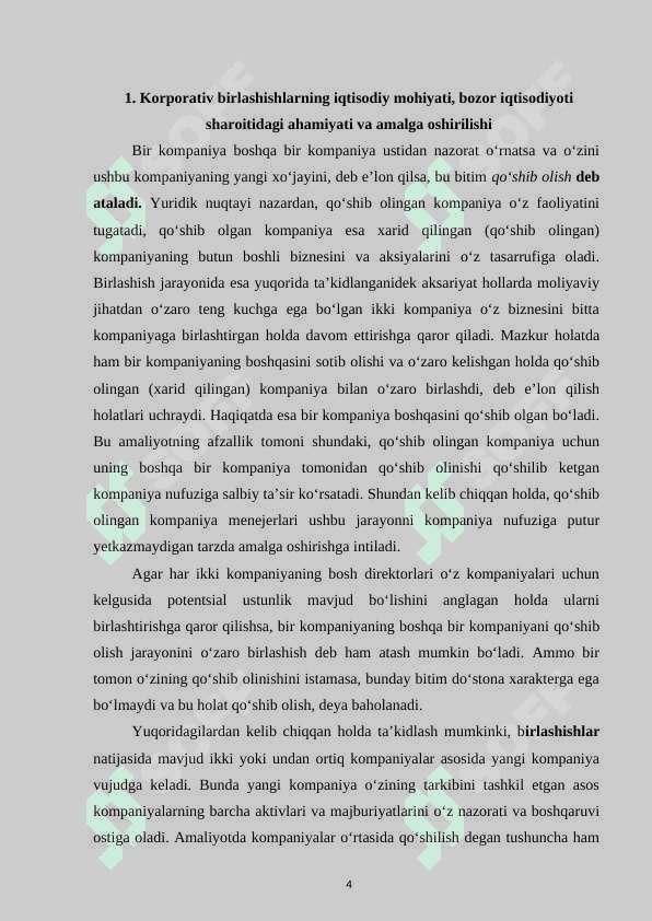 BOZOR IQTISODIYOTI SHAROITIDA KORPORATIV BIRLASHISHLAR VA QO'SHIB OLISHLAR 4