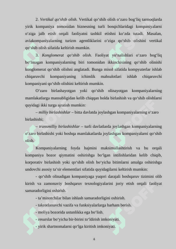 BOZOR IQTISODIYOTI SHAROITIDA KORPORATIV BIRLASHISHLAR VA QO'SHIB OLISHLAR 6