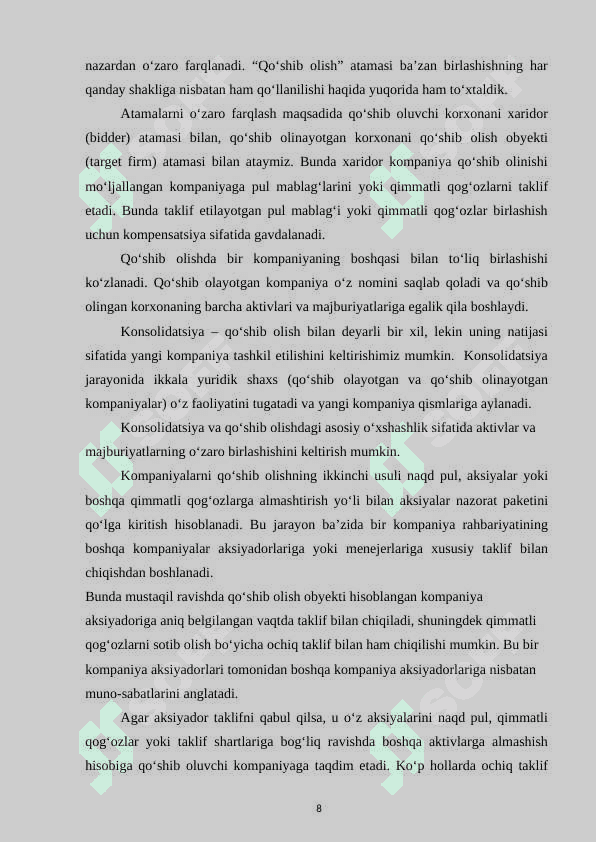 BOZOR IQTISODIYOTI SHAROITIDA KORPORATIV BIRLASHISHLAR VA QO'SHIB OLISHLAR 8