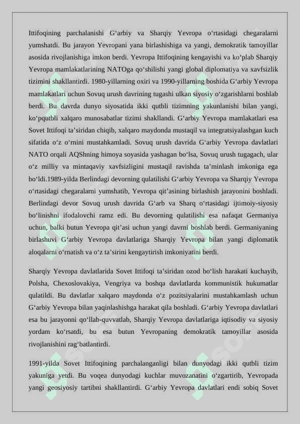 G‘arbiy  Yevropa  mamlakatlari  xalqaro  va  diplomatik munosabatlar tizimida (1945–1991-yy.)” esse 24 3
