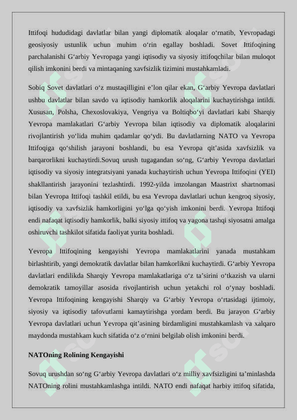 G‘arbiy  Yevropa  mamlakatlari  xalqaro  va  diplomatik munosabatlar tizimida (1945–1991-yy.)” esse 24 4