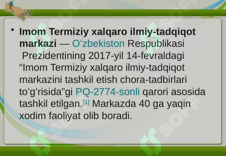 Imom Termiziy xalqaro ilmiy tadqiqot markazi faoliyatiga oid taqdimot 24 5