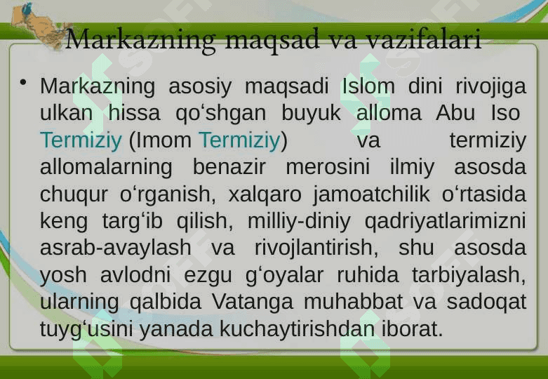 Imom Termiziy xalqaro ilmiy tadqiqot markazi faoliyatiga oid taqdimot 24 7