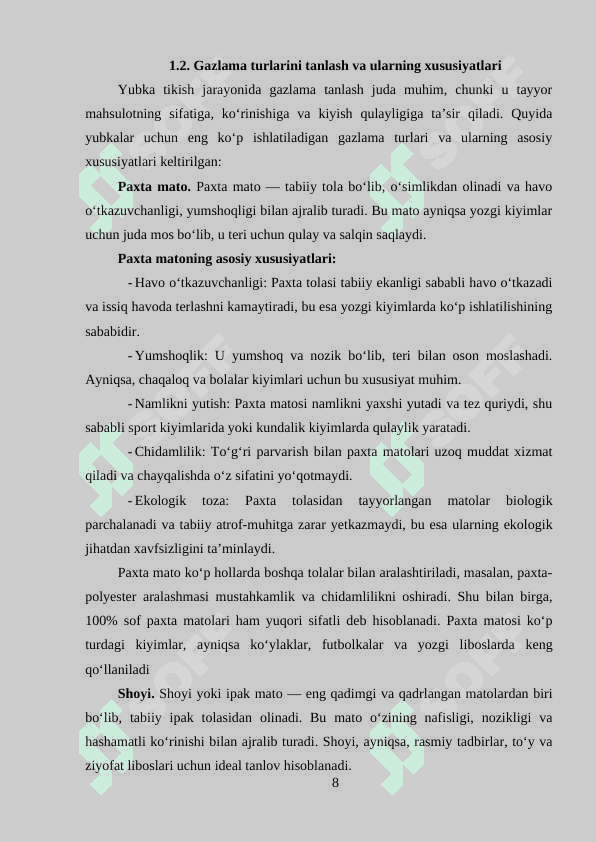 Ayollar yubkasi uchun fason tanlash, gazlama tanlash, andoza tayyorlash, andozaga fason chiziqlarni kiritish, andozani gazlamaga joylashtirish, bichish va tikish texnologik yaratish. 8