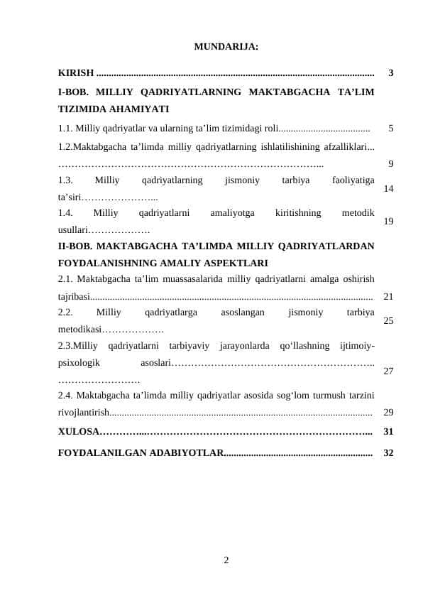 Maktabgacha ta’lim tashkilotida jismoniy tarbiyani tashkil etishda milliy qadriyatlardan foydalanish