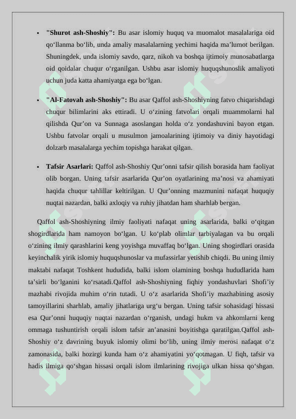 Islomiy ilmlar rivojida Qaffol ash-Shoshiy (903-976)ning oʻrni” mavzusida tezis  24 2