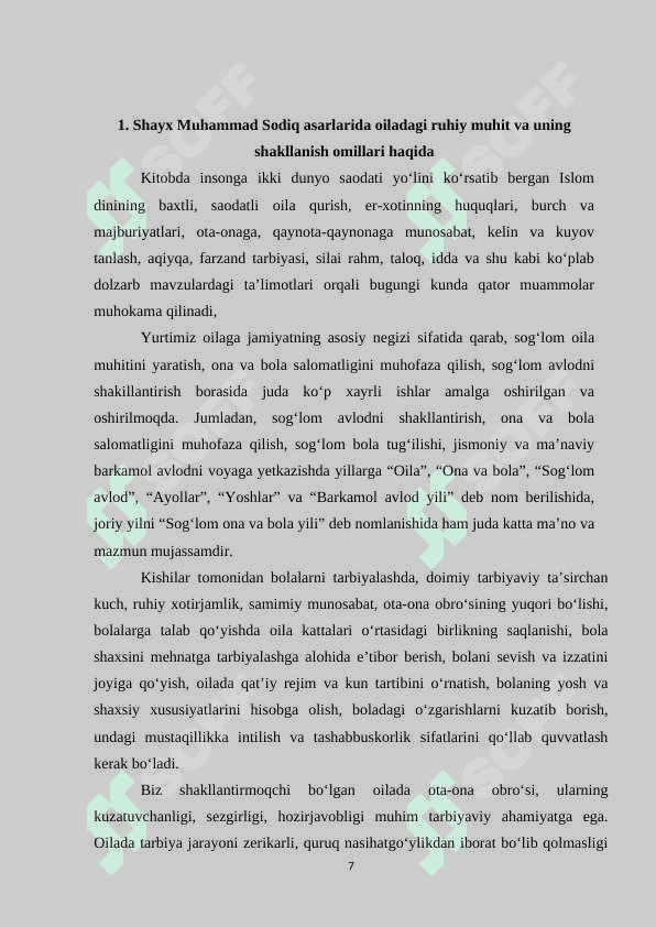 SHAYX MUHAMMAD SODIQ MUHAMMAD YUSUFNING “OILA QO‘RG‘ONI” KITOBIDAGI TARBIYA MASALALARINING YORITILISHI 7