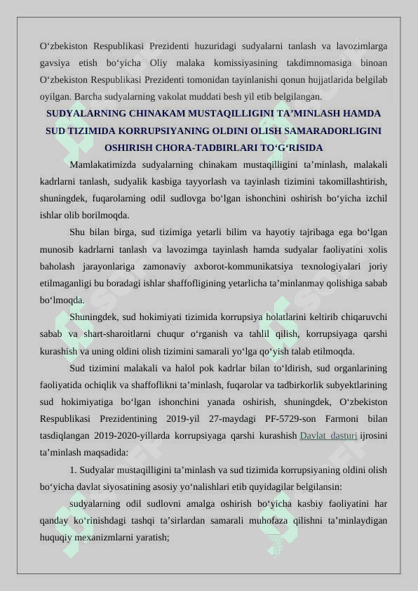 Sud hokimyatining chinakam mustaqilligini ta’minlash,sudning nufuzini oshirish,sud tizimini demokratlashtirish va takomillashtirish 24 8