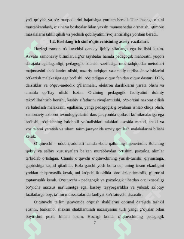 Tarbiyaviy ishlar va boshlang‘ich sinf o‘qituvchisining o‘ziga xos xususiyatlari va sifatlari 7