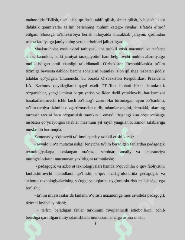 Tarbiyaviy ishlar va boshlang‘ich sinf o‘qituvchisining o‘ziga xos xususiyatlari va sifatlari 8