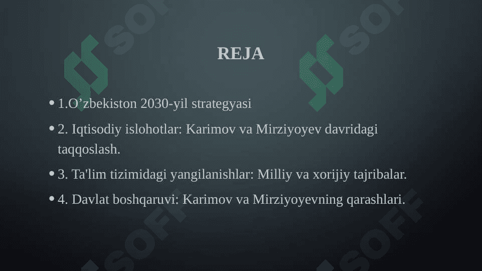 O‘zbekiston-2030 strategiyasi va O‘zbekiston Respublikasi Prezident Sh.Mirziyoyev hamda birinchi prezident I.Karimov asarlari asosida milliy va xorijiy tajribani qiyoslash. 2