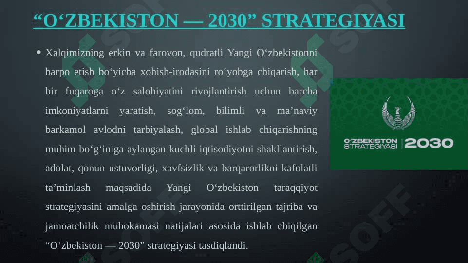 O‘zbekiston-2030 strategiyasi va O‘zbekiston Respublikasi Prezident Sh.Mirziyoyev hamda birinchi prezident I.Karimov asarlari asosida milliy va xorijiy tajribani qiyoslash. 3