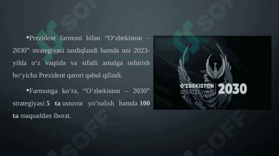 O‘zbekiston-2030 strategiyasi va O‘zbekiston Respublikasi Prezident Sh.Mirziyoyev hamda birinchi prezident I.Karimov asarlari asosida milliy va xorijiy tajribani qiyoslash. 4
