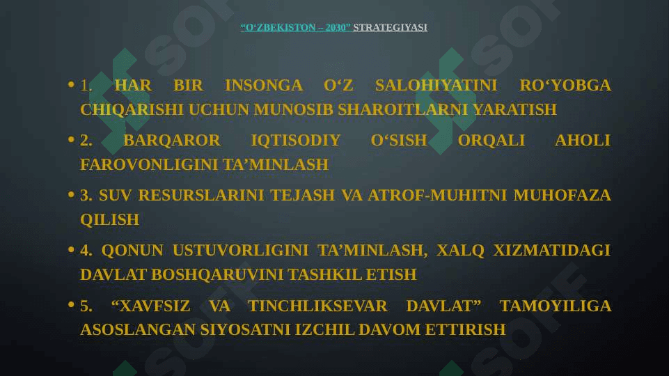 O‘zbekiston-2030 strategiyasi va O‘zbekiston Respublikasi Prezident Sh.Mirziyoyev hamda birinchi prezident I.Karimov asarlari asosida milliy va xorijiy tajribani qiyoslash. 5