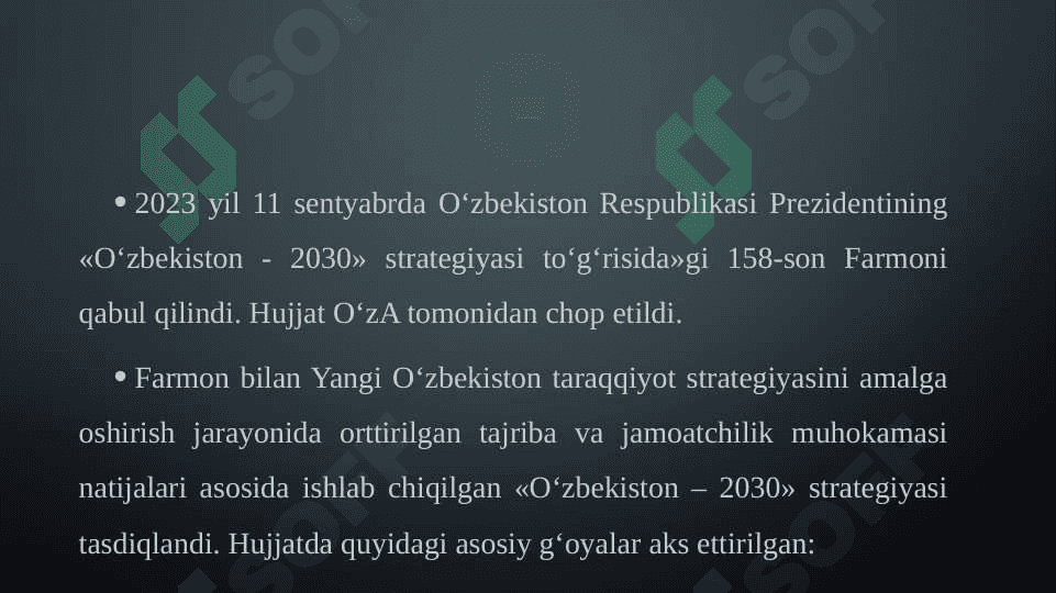 O‘zbekiston-2030 strategiyasi va O‘zbekiston Respublikasi Prezident Sh.Mirziyoyev hamda birinchi prezident I.Karimov asarlari asosida milliy va xorijiy tajribani qiyoslash. 6