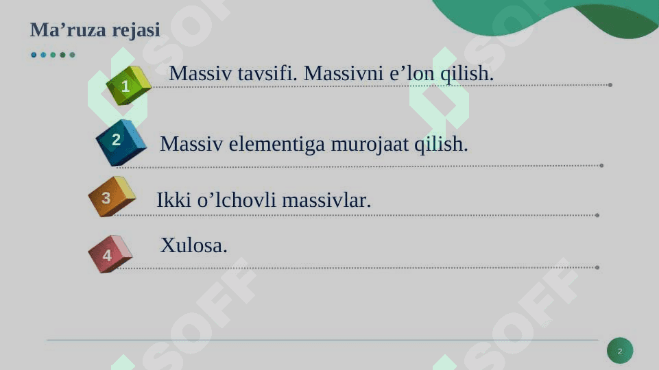 C++ da massivlar. Massivlar bilan ishlash 2