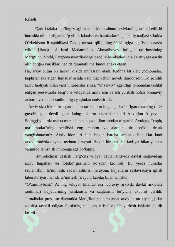 Farg’ona viloyat davlat arxivining noshirlik ishlari 2