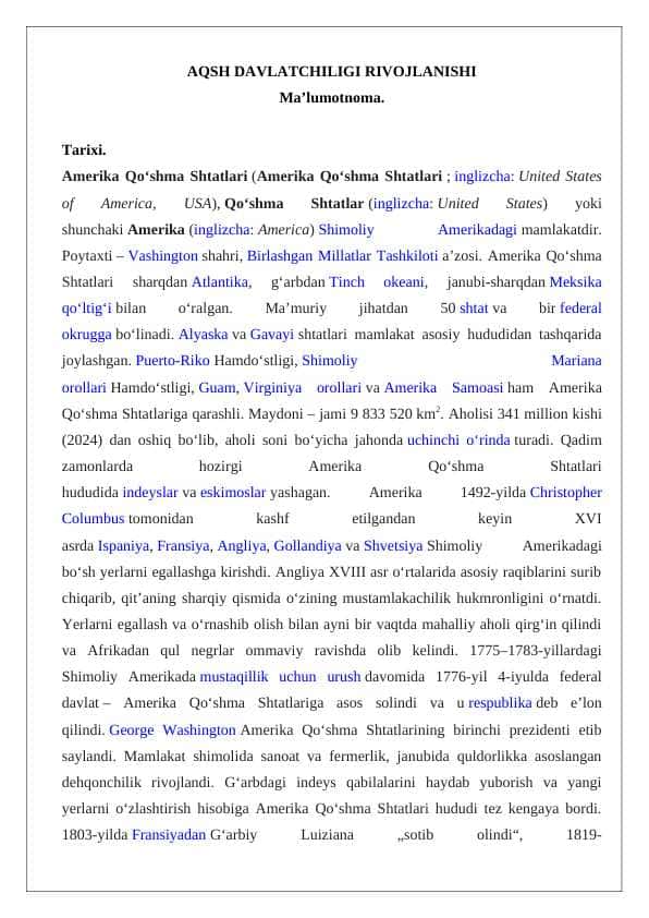 AQSH DAVLATCHILIGI RIVOJLANISHI Ma'lumotnoma 1