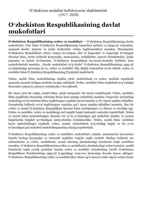 O’zbekiston medallari kolleksiyasini shakllantirish (1917–2020) 1