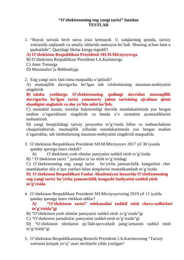 TARIX test javoblari bilan 1