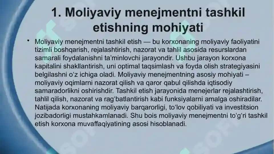 Moliyaviy menejmentni tashkil etish mexanizmi va korxonalarda tashkiliy xususiyatlari. 3
