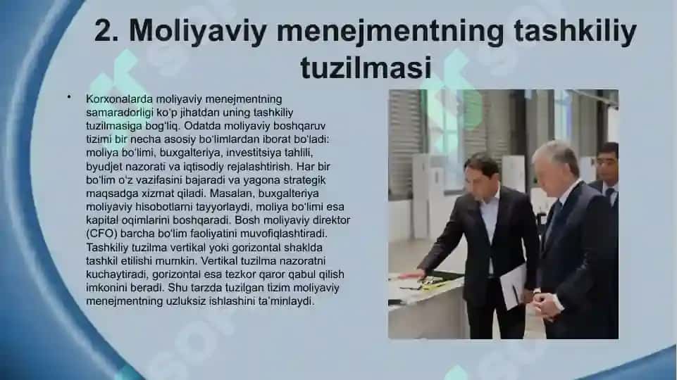 Moliyaviy menejmentni tashkil etish mexanizmi va korxonalarda tashkiliy xususiyatlari. 4