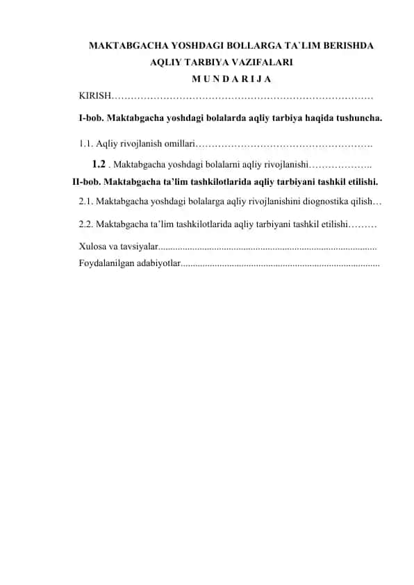 Maktabgacha Yoshdagi Bollarga Ta'lim Berishda Aqliy Tarbiya Vazifalari