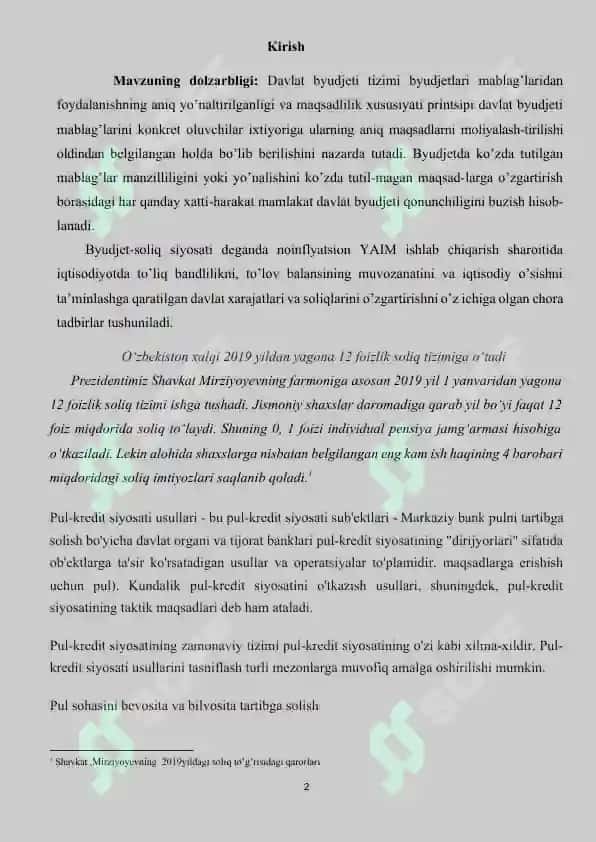 O’ZBEKISTON RESPUBLIKASIDA BYUTJET-SOLIQ VA PUL-KREDITI SIYOSATI TAHLILI 2