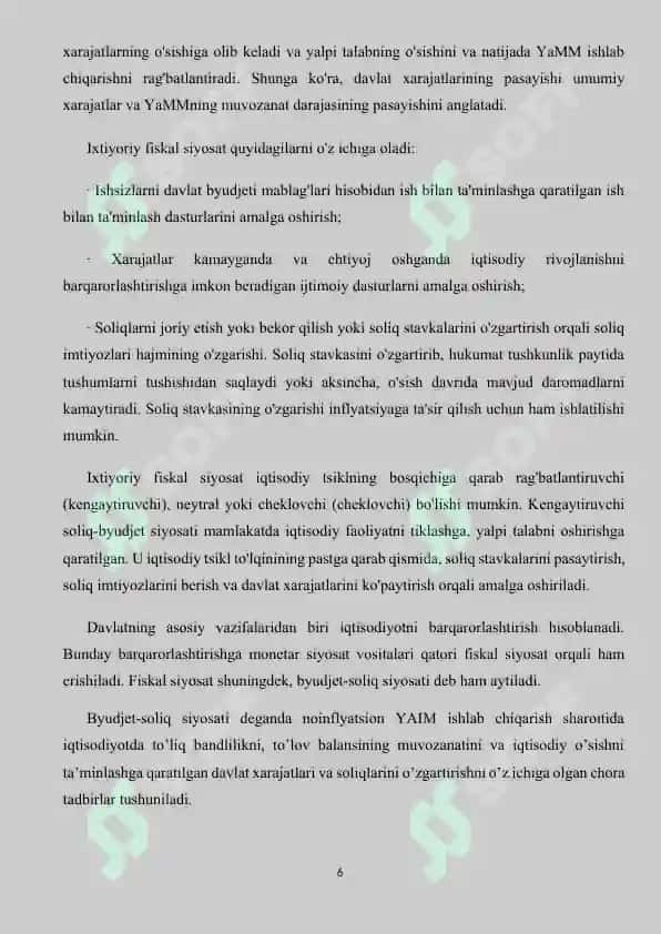 O’ZBEKISTON RESPUBLIKASIDA BYUTJET-SOLIQ VA PUL-KREDITI SIYOSATI TAHLILI 6