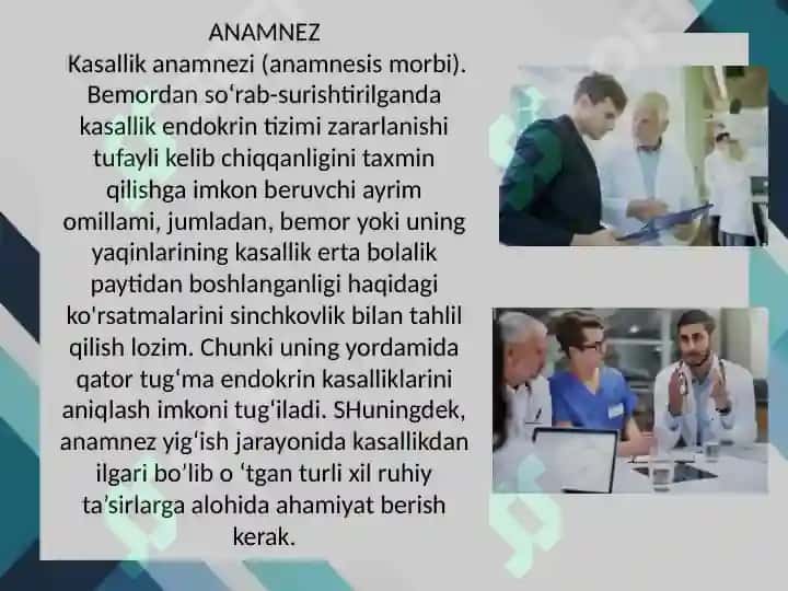 Ichki sekretsiya bezlari kasalliklarida bemorlarni so'rab surishtirish, anamnez yig’ish. Qalqonsimon bez kasalliklari simptamatologiyasi. Qandli diabet diagnostikasi 6
