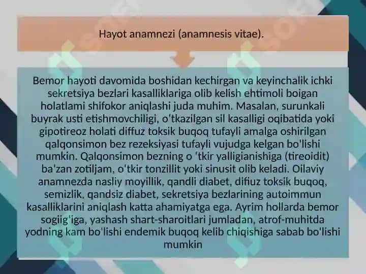 Ichki sekretsiya bezlari kasalliklarida bemorlarni so'rab surishtirish, anamnez yig’ish. Qalqonsimon bez kasalliklari simptamatologiyasi. Qandli diabet diagnostikasi 7