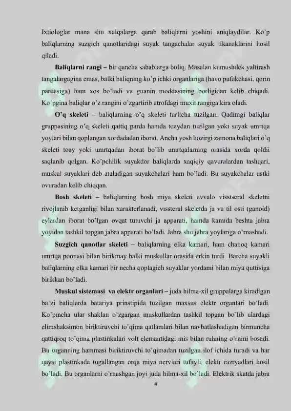 Suyakli baliqlar sinfi 4