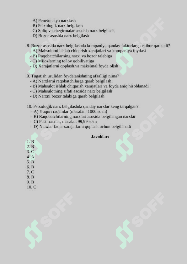 MAXSULOT TANNARXINI SHAKLLANTIRISH USULLARI MAVZUSIGA DOIR 10 TA TEST SAVOLLARI 2