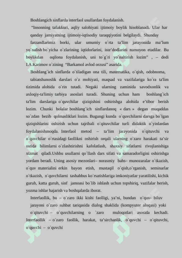 Boshlang’ich  sinf  o’qish darsini yangi pedagogik texnologiyalar orqali tashkil etishda interfaol usullardan foydalanishning shakl, metod va vositalaridan foydalanishning ta’limiy ahamiyati 2