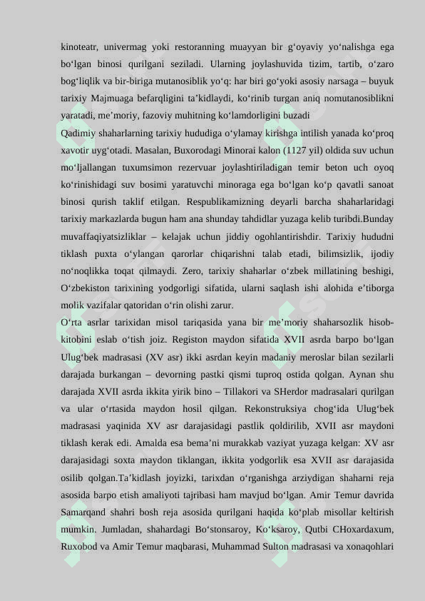 O`zbekistonda tarixiy me`moriy obidalarni saqlash va ta`mirlashda xalqaro hamkorlik va shaharsozlik masalalari. 4