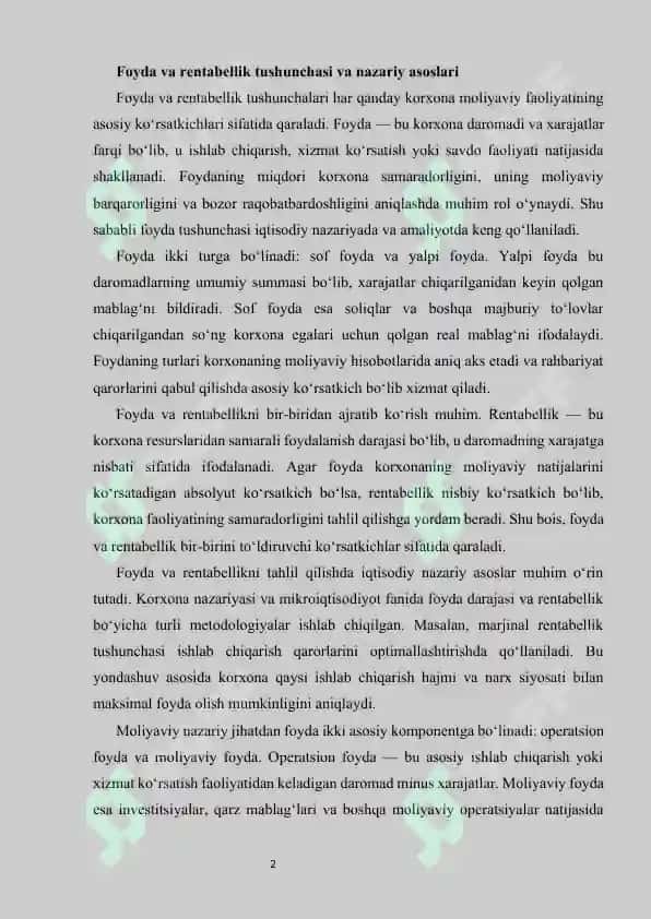 Foyda va rentabellikni oshirish imkoniyatlarini aniqlash. 2