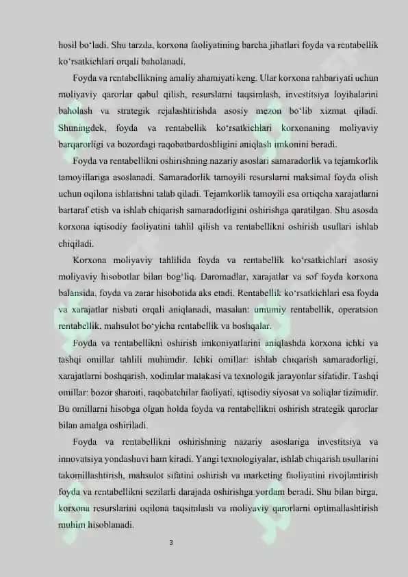 Foyda va rentabellikni oshirish imkoniyatlarini aniqlash. 3