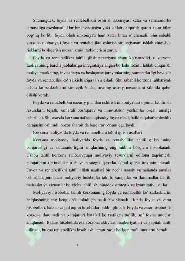 Foyda va rentabellikni oshirish imkoniyatlarini aniqlash. 4