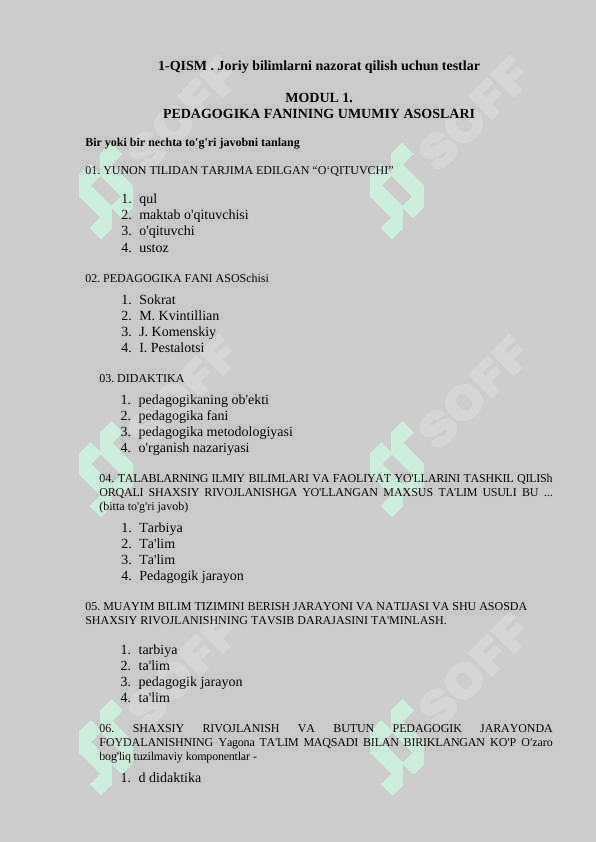 PEDAGOGIKA FANIDAN TEST TOPSHIRIQLARI TO'PLAMI 3