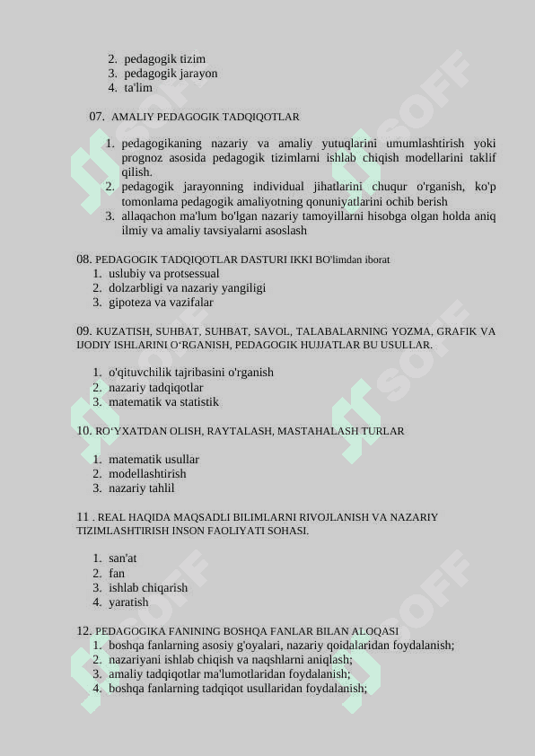 PEDAGOGIKA FANIDAN TEST TOPSHIRIQLARI TO'PLAMI 4
