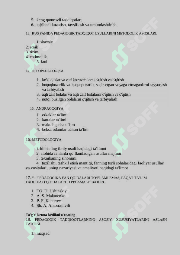 PEDAGOGIKA FANIDAN TEST TOPSHIRIQLARI TO'PLAMI 5