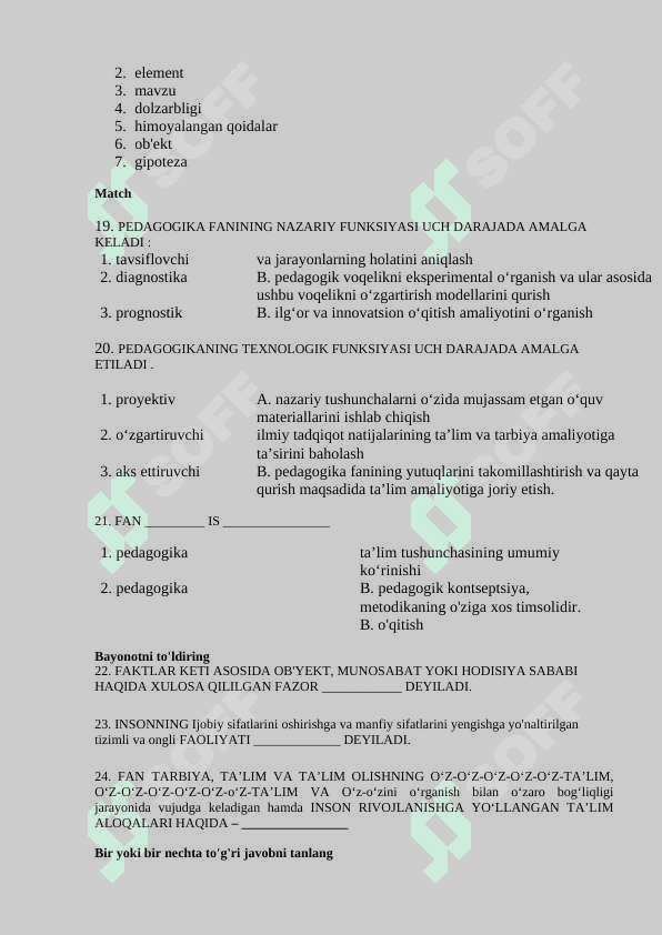 PEDAGOGIKA FANIDAN TEST TOPSHIRIQLARI TO'PLAMI 6