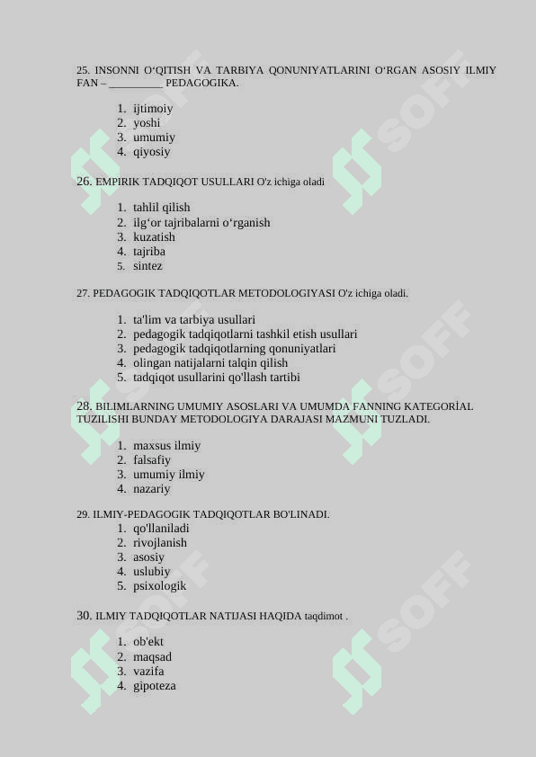 PEDAGOGIKA FANIDAN TEST TOPSHIRIQLARI TO'PLAMI 7